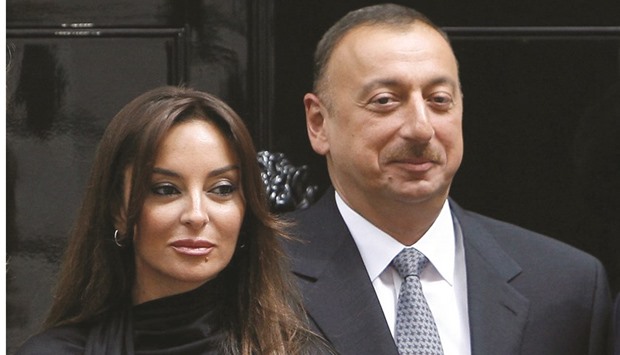 This 2009 file picture shows Aliyev and his wife Mehriban after a meeting at 10 Downing Street in London.