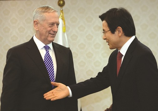 South Koreau2019s acting President Hwang Kyo-ahn (right) greets the US Defence Secretary James Mattis prior to their meeting at the Government Complex in Seoul, South Korea.
