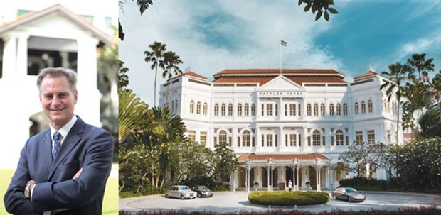 Hirst: Introducing new experiences. Right: Facade of the iconic Raffles Singapore.