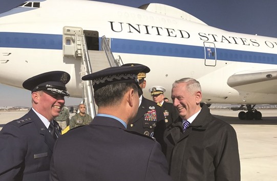 US Defence Secretary James Mattis arrives at Osan Air Base in Osan, South Korea, yesterday.