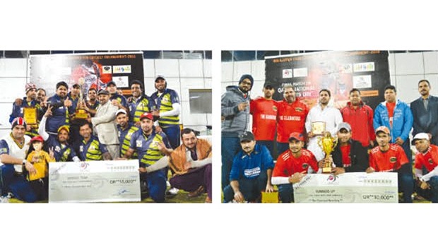 Al Hamra Cricket Club players celebrate after winning the Ibn Ajayan T20 Cricket Tournament. Right: The Gladiators finished runner-up.