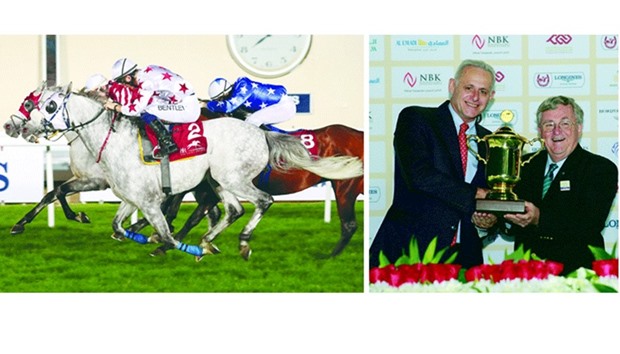 AJS Al Rayyan, ridden by Harry Bentley (foreground) finishes second, behind Majeed, ridden by Olivier Peslier (left, background), while Reda, helmed by Marco Monteriso (right) finishes third in the Qatar Local Purebred Arabian Trophy yesterday. Picture at right: World Arabian Horse Organisation (WAHO) president Peter Pond (right) presents the owner's trophy to Alban de Mieulle after Umm Qarn's Majeed won the Qatar Local Purebred Arabian Trophy at the Qatar Racing and Equestrian Club yesterday. PICTURES: Juhaim