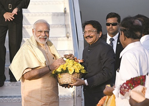 Prime Minister Narendra Modi is received by Tamil Nadu governor C Vidyasagar Rao and other dignitaries on his arrival in Coimbatore yesterday.