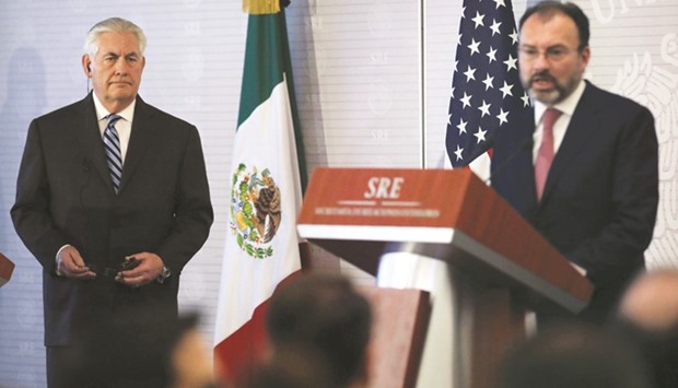     US Secretary of State Rex Tillerson (left) listens to Mexican Foreign Minister Luis Videgaray as they offer a joint press conference at the Foreign Ministry building in Mexico City.