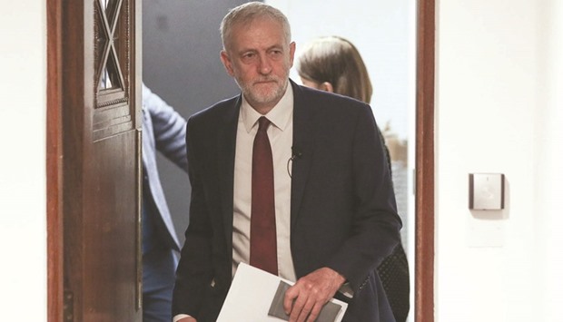 Britainu2019s opposition Labour Party leader Jeremy Corbyn arrives to deliver a speech about Labouru2019s vision for a post-Brexit Britain in central London.
