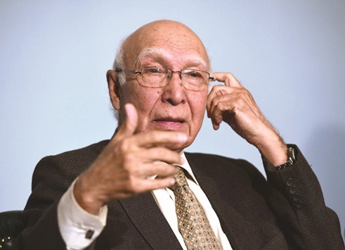 Adviser to the Pakistani Prime Minister on Foreign Affairs, Sartaj Aziz gestures as he briefs media representatives at the foreign office in Islamabad yesterday, ahead of the 13th Economic Co-operation (ECO) Summit.