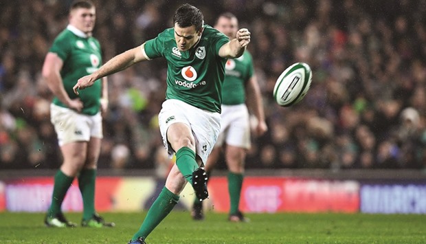 Irelandu2019s fly-half Jonathan Sexton takes a penalty kick during the Six Nations international rugby union match between Ireland and France at the Aviva Stadium in Dublin yesterday.