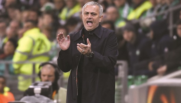 Manchester Unitedu2019s Portuguese coach Jose Mourinho gestures during the UEFA Europa League match against AS Saint-Etienne at the Geoffroy Guichard stadium in Saint-Etienne yesterday. (AFP)