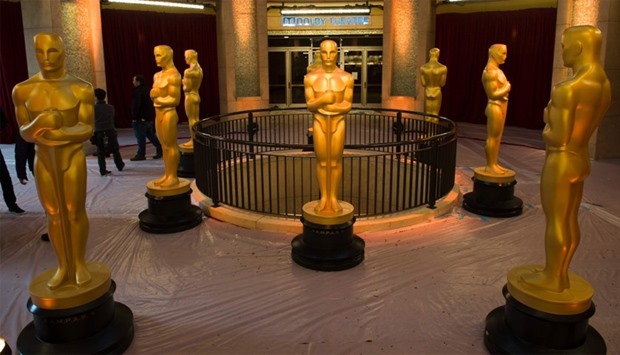 Oscar statues are seen on the red carpet