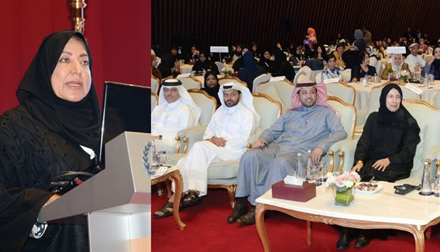 Dr Nabila al-Meer addresses the conference. HE the Minister of Public Health Dr Hanan Mohamed al-Kuwari and other dignitaries at the opening of the conference yesterday. PICTURES: Thajudheen