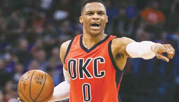 Oklahoma City Thunder Russell Westbrook scores 21 points against New Orleans Pelicans in the fourth quarter en route to his 29th triple double of the season. (AFP)