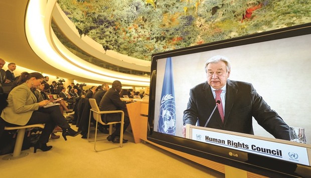 UN Secretary General Guterres is seen on a TV screen while addressing the United Nations Human Rights Council yesterday in Geneva. The UN Human Rights Council opened its main annual session yesterday, with the US taking its seat for the first time under Trumpu2019s leadership.