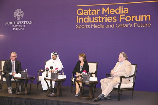 The panel discussion was attended by NU-Q professor Craig LaMay, SC assistant secretary general Nasser al-Khater (2nd from left), Jackie Brock-Doyle from the IAAF and Nigel Rushman, founder of Rushmans.