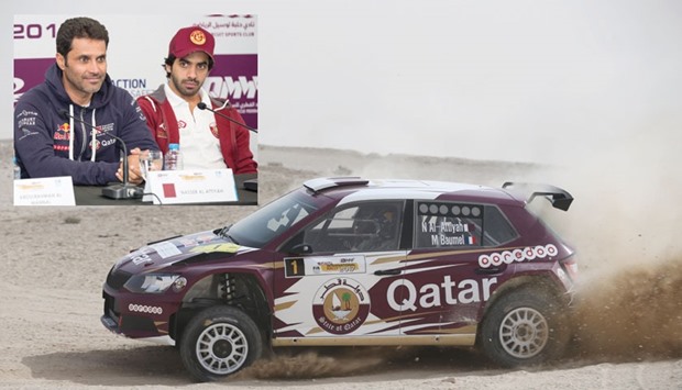 Qatari driver Nasser Saleh al-Attiyah (also inset, left) and co-driver Matthieu Baumel hold a 10.4 second lead over Khalid al-Suwaidi (inset, right) and co-driver Marshall Clarke after Day One of the QMMF Qatar International Rally yesterday.