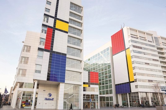 This handout picture received from the city of The Hague shows a general view of the City Hall featuring huge panels replicating the work of late Dutch artist Piet Mondrian, incorporated into the design.