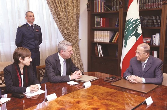 Lebanonu2019s President Michel Aoun meets with United Nations High Commissioner for Refugees Filippo Grandi (left) at the presidental palace in Baabda, Lebanon yesterday.