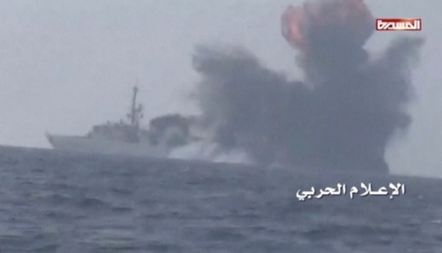 An explosion is seen onboard what is believed to be a Saudi warship, off the western coast of Yemen in this still frame taken from video posted by Houthi-run al-Masirah television on their social media website, and obtained by Reuters on January 31, 2017. Reuters