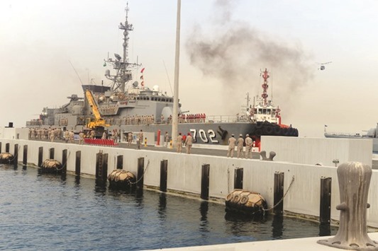 Saudi forces are seen after the arrival of Saudi Arabiau2019s  u201cAl-Madinahu201d frigate in Jeddahu2019s King Faisal Naval Base yesterday.