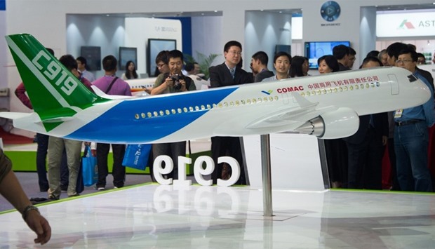 Scale model of the COMAC C919 passenger aircraft on display in Zhuhai