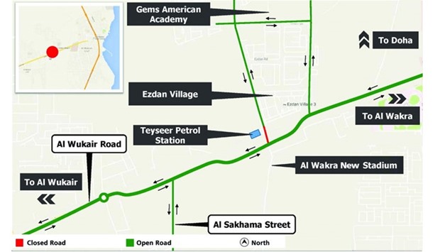 Road users and residents of Ezdan Villages 3, 9 and 11 have to follow the diversion route and access Al Wukair road via the alternative local street.