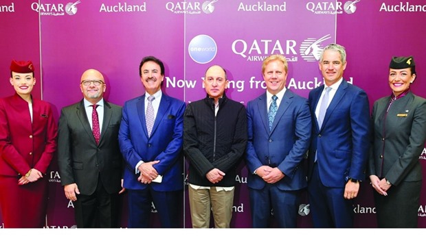 Akbar al-Baker is welcomed by Todd McClay, Nasser bin Hamad Mubarak al-Khalifa - Qatar's ambassador to New Zealand, Adrian Littlewood and Qatar Airways senior vice-president (Asia Pacific) Marwan Koleilat.