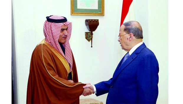 Lebanonu2019s President Michel Aoun meets with Saudi Arabiau2019s Arab Gulf Affairs Minister Thamer al-Sabhan at the presidential palace in Baabda, Lebanon yesterday.