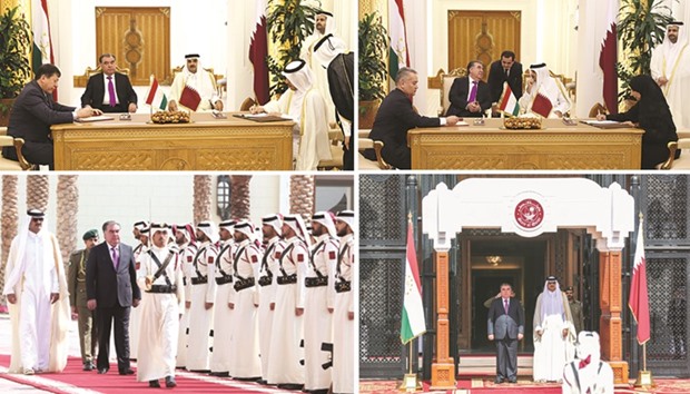 TOP PHOTOS: HH the Emir Sheikh Tamim bin Hamad al-Thani and Tajikistanu2019s President Emomali Rahmon witness the signing of agreements between Qatar and Tajikistan at the Emiri Diwan yesterday.  BELOW LEFT: HH the Emir Sheikh Tamim bin Hamad al-Thani and Tajikistanu2019s President Emomali Rahmon review a guard of honour at the Emiri Diwan yesterday.  BELOW RIGHT: HH the Emir Sheikh Tamim bin Hamad al-Thani and Tajikistanu2019s President Emomali Rahmon at the official welcome ceremony at the Emiri Diwan yesterday.