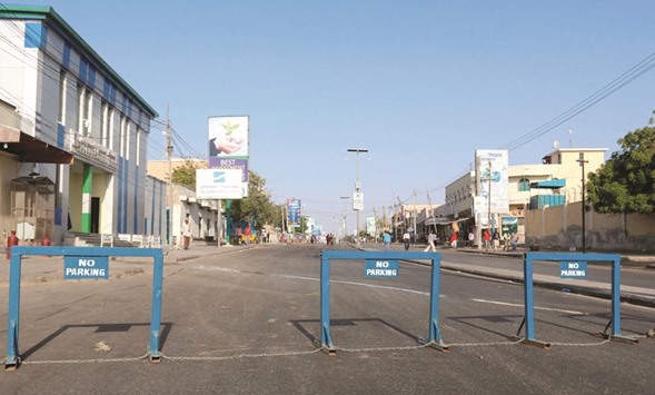 A general view shows a street which was blocked to control motor vehicle traffic, during a security lock down in Mogadishu.