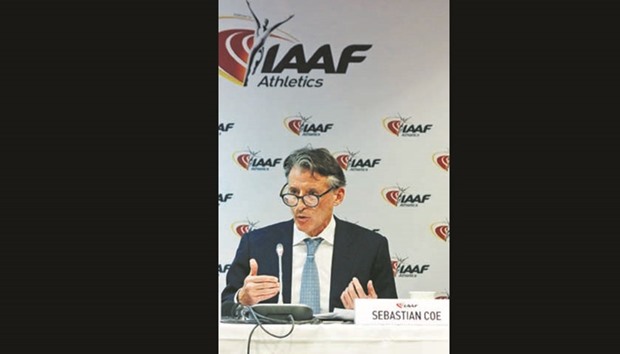 International Association of Athletics Federations (IAAF) president Sebastian Coe speaks at a press conference as part of the IAAF council meeting in Monaco on Monday. (Reuters)