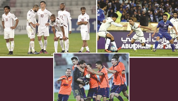 TOP LEFT: El Jaish players react after their AFC Champions League playoff loss to Bunyodkor at Dohau2019s Abdullah bin Khalifa Stadium yesterday.  TOP RIGHT: Al Sadd players Xavi (centre) and Baghdad Bounedjah (second from left) in action against Esteghlal during their AFC Champions League playoff match at the Azadi stadium in Tehran yesterday.  BELOW CENTRE: Bunyodkor players celebrate their win over El Jaish yesterday.  PICTURES: Noushad Thekkayil