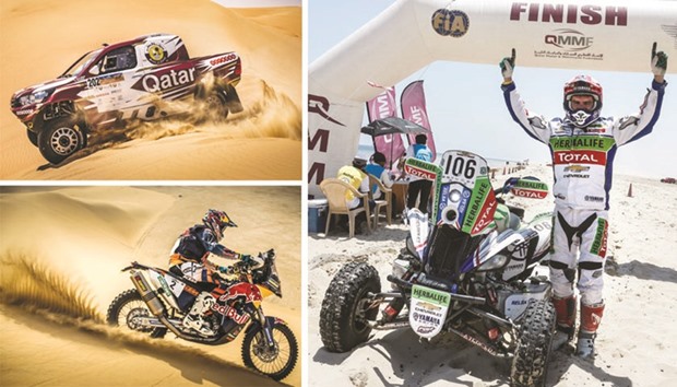 TOP LEFT: Qataru2019s Nasser Saleh Al-Attiyah, driving a Toyota Hilux, is the defending champion in the car category of the Qatar Cross-Country Rally.  BELOW LEFT: Dakar winner Sam Sunderland won last yearu2019s event through the Qatar desert.  RIGHT: Ignacio Casele celebrates his quad win in Qatar in 2016.
