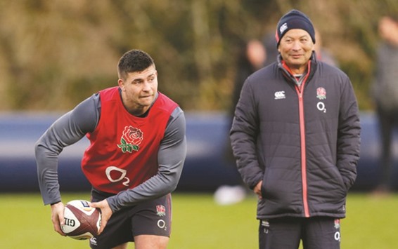 England head coach Eddie Jones (right) watches Ben Youngs train at the Pennyhill Park in Bagshot, Surrey on Tuesday. (Reuters)