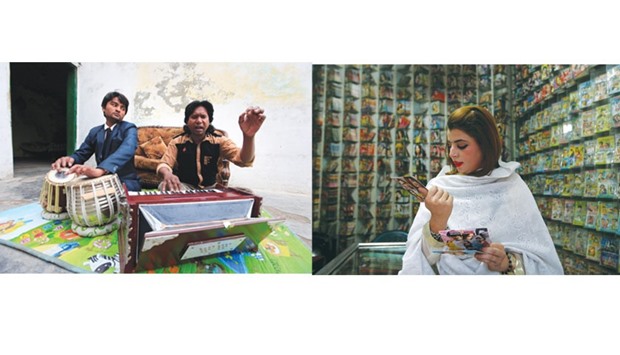 Nazar Gill, (right) a local singer, practices a song along with his brother at his residence in Rawalpindi. (Right): Malala Gul, a local singer, looks to buy music CDs at a shop in Peshawar, Pakistan, on January, 28.