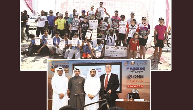 TOP: Winners on the podium for the Al Adaid Desert Challenge 2016.   BELOW PHOTO: (From left) Al Adaid Desert Challenge managing director Dr Jamal al-Khanji, Qatar Cycling Federation (QCF) president Dr Mohamed al-Kuwari, Qatar Cyclists Centre president Dr Abdulaziz al-Kuwari and Rayyan Mineral Water CEO Colin Smith at a press conference yesterday. PICTURE: Jayaram