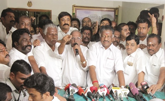 AIADMK leader and former Tamil Nadu chief minister O Panneerselvam attends a press conference in Chennai yesterday.