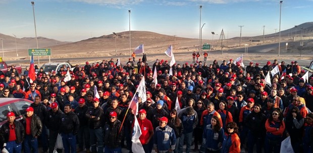 Workers of the Escondida copper mine start an indefinite strike in Antofagasta, Chile, on February 9, 2017. Workers at the worldu2019s largest copper mine, BHP Billitonu2019s Escondida in Chile, began an indefinite strike Thursday to demand pay increases, prompting concerns on world commodity markets.