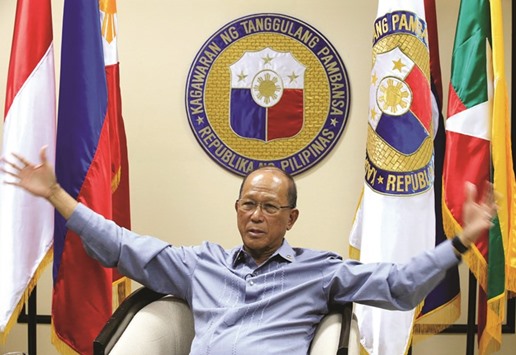 Philippine Defence Secretary Delfin Lorenzana gestures during a Reuters interview at the military headquarters of Camp Aquinaldo in Quezon city, metro Manila.