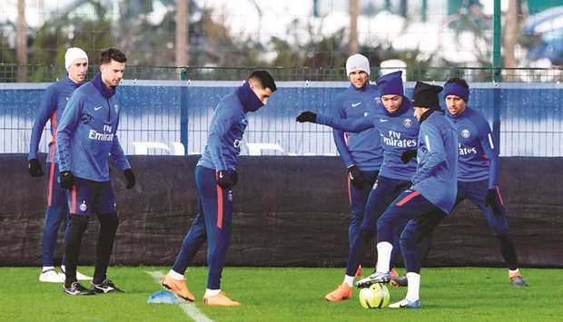Paris Saint-Germain players train at Saint-Germain-en-Laye on the outskirts of Paris yesterday.