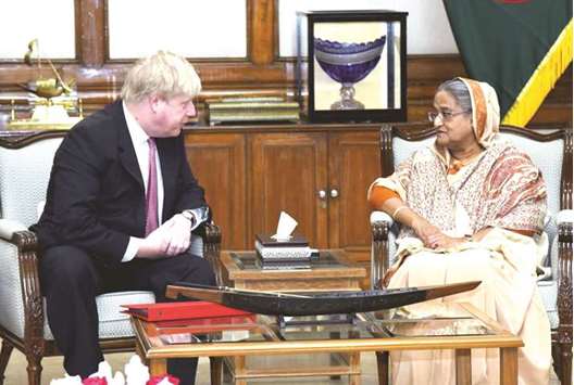 Bangladeshu2019s Prime Minister Sheikh Hasina, right, speaking with British Foreign Secretary Boris Johnson during a meeting in Dhaka. Johnson arrived in Dhaka on February 9 on a two-day visit to Bangladesh.