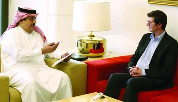 Gulf Times Editor-in-Chief Faisal Abdulhameed al-Mudahka gestures during an interview with Baker Institute fellow for the Middle East Dr Kristian Coates Ulrichsen.