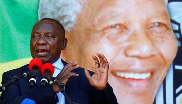 South African Deputy-President Cyril Ramaphosa addresses a rally to commemorate Nelson Mandela's centenary year in Cape Town on Sunday.