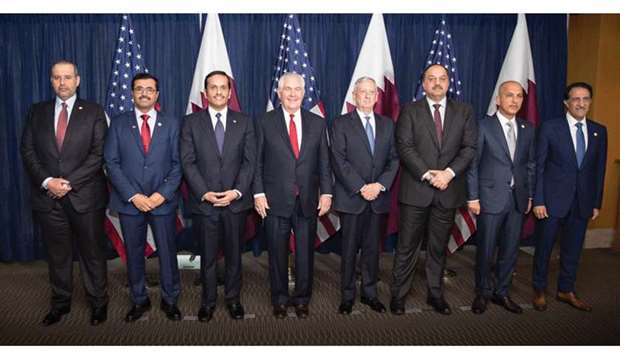 (From left) HE the Minister of Economy and Commerce Sheikh Ahmed bin Jassim bin Mohamed al-Thani, HE the Minister of Energy and Industry Dr Mohamed bin Saleh al-Sada, HE the Deputy Prime Minister and Foreign Minister HE Sheikh Mohamed bin Abdulrahman al-Thani, US Secretary of State Rex Tillerson, US Secretary of Defence James Mattis, HE the Deputy Prime Minister and Minister of State for Defence Affairs Dr Khalid bin Mohamed al-Attiyah, HE the Minister of Finance Ali Sherif al-Emadi and HE the CEO of Qatar Investment Authority Sheikh Abdullah bin Mohamed bin Saud al-Thani in Washington, DC on Tuesday.