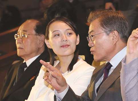 South Korean President Moon Jae-in (right) talks with North Korean leader Kim Jong-unu2019s sister Kim Yo-jong (centre) as they watch a concert of Pyongyangu2019s Samjiyon Orchestra at a national theatre in Seoul yesterday.