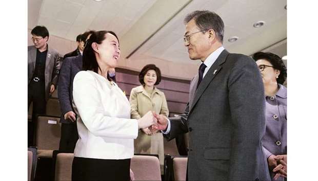 South Korean President Moon Jae-in talks with Kim Yo-jong, the sister of North Koreau2019s leader Kim Jong-un, after watching North Koreau2019s Samjiyon Orchestrau2019s performance in Seoul, South Korea.