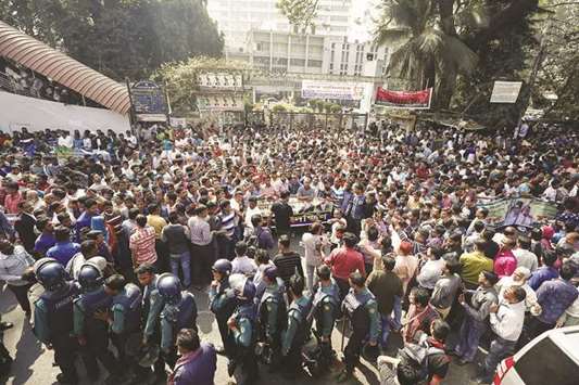 BNP leaders and supporters protest against the verdict in the corruption case of party chairperson Khaleda Zia in Dhaka yesterday.