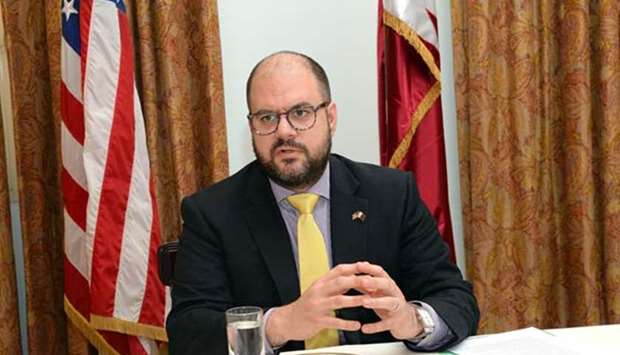 Charge du2019Affaires Ryan Gliha of the US embassy is pictured at a press conference in Doha on Thursday.