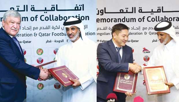 Qatar Football Association (QFA) president Sheikh Hamad bin Khalifa bin Ahmed al-Thani signed co-operation agreements with Hungarian Football Federation president S?ndor Cs?nyi (left) and Mongolian Football Federation president Ganbaatar Amgalanbaatar (right).