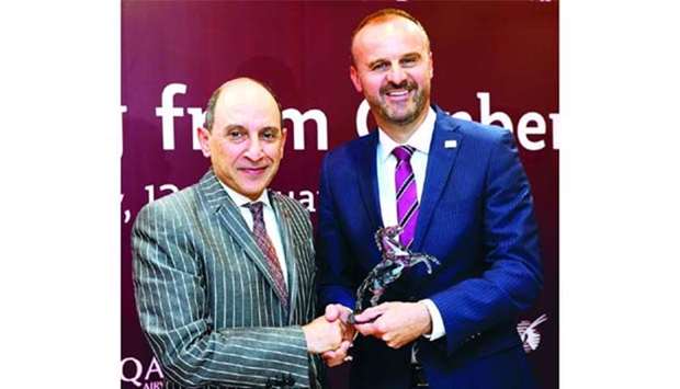 Qatar Airways Group chief executive Akbar al-Baker and the Australian Capital Territory Chief Minister Andrew Barr at the press conference in Canberra on Tuesday.