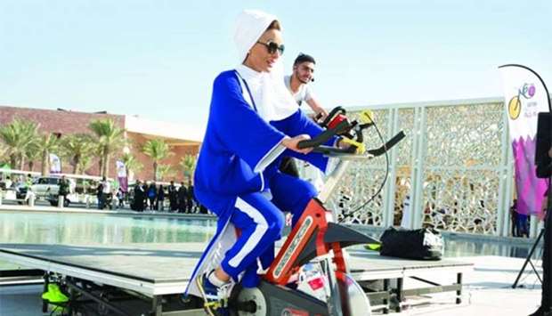 Her Highness Sheikha Moza bint Nasser, chairperson of QF, participates in one of the National Sport Day activities at Education City on Tuesday. PICTURE: Aisha al-Musallam/ HHOPL