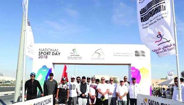 Senior Ashghal officials at the start of a cycle ride on Tuesday.